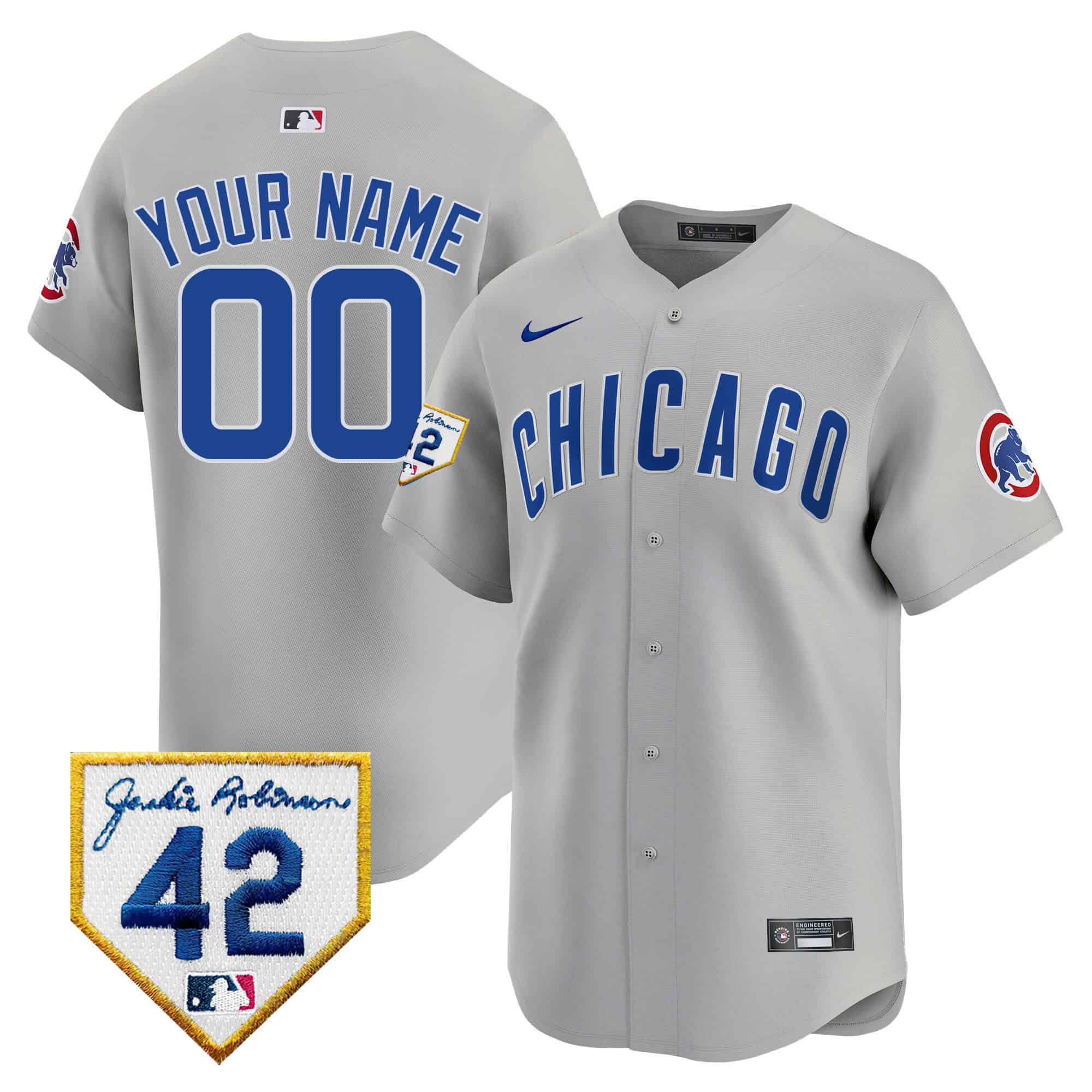 Men Chicago Cubs Grey Nike 2024 Jackie Robinson Patch Vapor Premier Limited Custom MLB Jersey->customized mlb jersey->Custom Jersey